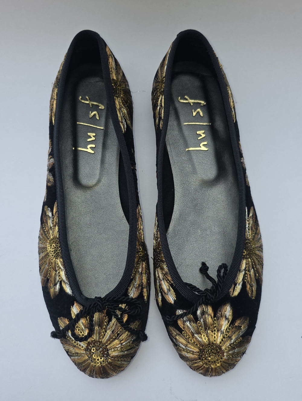 Fs Ny Ballet Flats Hand-Embroidered Black Gold Shoes Preppy Women 7.5